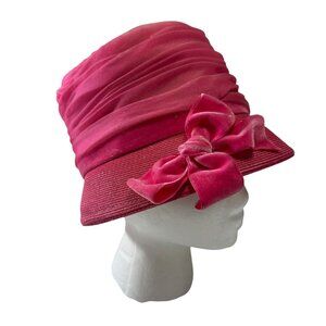Coralee Pink Bucket or Cloche Hat Nylon Vintage 1960s Velvet Ribbon and Rose